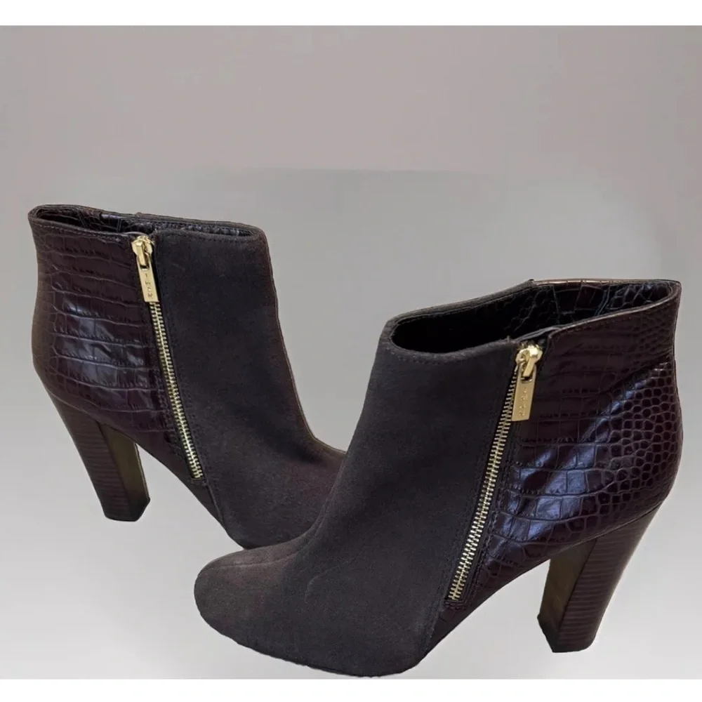 Iman Brown Boots Sz 10 Zip Up 4'' High Heel Ankle Reptile Bootie Party Office